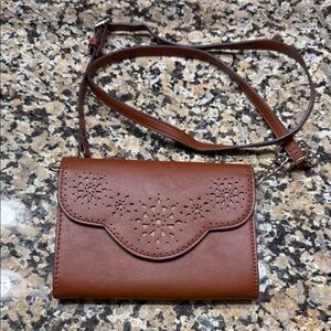 Nine West Brown Laser-Cut Floral Crossbody Wallet
